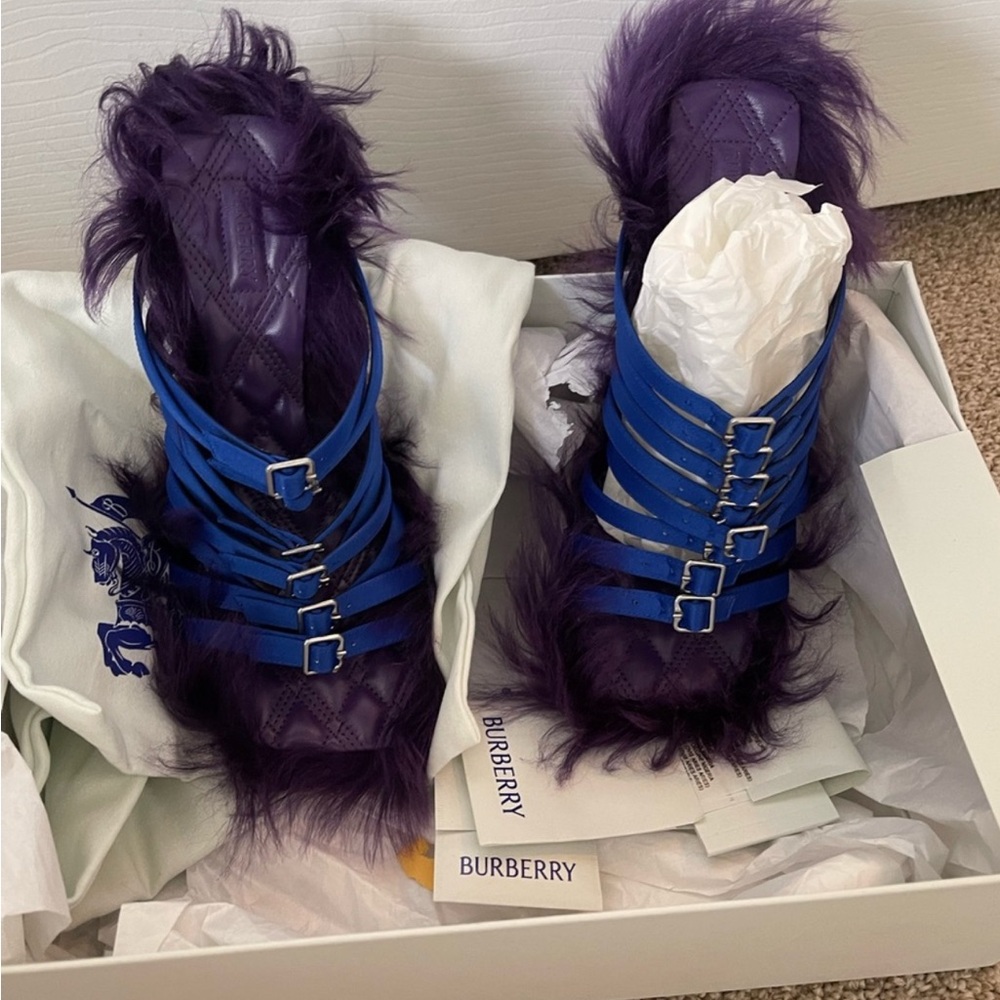Burberry Blue Strap Sandals with Purple Fur